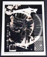 This print has a dark background with light colored designs so it is in the negative of normal prints. Designs include a large bicycle wheel, a floral outline in upper left hand corner, horizontal lines and checkered pattern on the right. The text: &quot;Clich&eacute; Verre&quot; and &quot;Hand Drawn Light Printed&quot; appear in the center of work. &quot;July 12&quot; and &quot;August 21&quot; appear on right side, within horizontal lines, and &quot;The Detroit Institute of Arts&quot; is along the left horizontal edge.