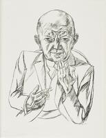 A sketched portrait of a man from the waist up. He is bald, and he holds his left hand up to his chin and his right hand to his abdomen.&nbsp;