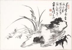 A rock dominates the image, with orchids and grasses growing next to it.  Calligraphic text accompanies the image, places above the rock, with three seals.