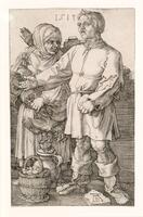 A couple stand in a very dense and congested space, a broken wall behind them. The woman on the left holds a rooster by the feet and is looking at her husband, on the right, who has his hand extended and his holding a money bagin is left hand. At their feet is a stoppered jar and a basket full of eggs.