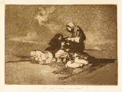 This etching with aquatint contains a tight group of three women and two obscured figures. The woman to the far right kneels and holds a cup, the woman in the middle lies down with her eyes closed, and the woman to the far left looks up at the cup.