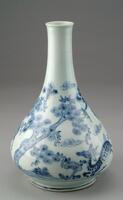 Porcelain wine bottle with ten cobalt pigment depicting Chinese Daoist ten symbols of longevity&mdash;sun, cloud, mountain, rock, water, crane, deer, turtle, pine tree, and the mushroom of eternal youth. A blue band rings the foot of the bottle, as well as just below the main register of the body. The ten symbols of longevity design stretches around the bulbous body above, tapering off as the body begins to taper into the tubular neck, culminating in a slightly flared rim.<br />
<br />
This bottle was produced in Bunwon-ri, Gwangju-si, Gyeonggi-do. It is decorated on the entire surface with ten longevity symbols, including deer, pine trees, and cranes, rendered in underglaze cobalt blue. Ten longevity symbols were frequently chosen to decorate the stationery, bottles, and jars produced in the late 19th century at kilns in Bunwon-ri. This is a high-quality white porcelain bottle, with well sintered clay and glaze and outstanding cobalt blue colouring.<br />
[Korean Collection, University of Michigan Museum 