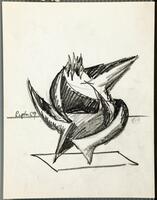 This black and white drawing depicts a sculptural, three-dimensional abstract form at the center. The spiky form stands on a rectangular base and a horizon line is visible at the center behind the object. The drawing is signed and dated in crayon (c.r.) "Lipton 59" and dated in pencil (c.r.) "59".