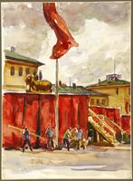This is a watercolor painting in a vertical format painted in bright colors of red, blue, yellow and green. In the foreground, there is a group of men working around the base of a tall pole from which hangs a large red flag or banner. Behind the men is a backdrop of red drapery and to the side, a wooden staircase. There are buildings in the background with yellowish brown walls and green roofs.