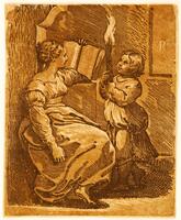 A  woman sits in an interior holding a book in her right arm, which is propped upon a ledge. She reads by the light of a torch held by a child standing next to her. Print trimmed to image frame. Image was previously folded at center (multiple folds). Paper size: lh 27 3/5cm &amp; rh 27 4/5cm x tw 22 3/5cm bw 22 3/10cm.