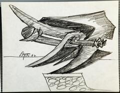 This drawing on paper shows an abstract sculptural object on a stone base. There is a horizon line at the center of the page in the background. Along this line, the artist has signed and dated the drawing in black crayon (c.l.) "Lipton 62".