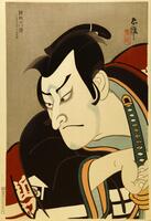 Color woodblock print of a kabuki actor on gray mica ground.  Actor appears to be playing the role of a samurai, with his hair in a top-knot, a family crest on the arm of his kimono, and a sword complete with scabbard ornament.  His head tilts downward seriously as his hand reaches to unsheath his sword.