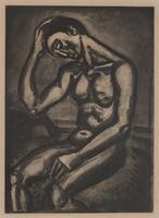 A nude, seated, female figure rendered in thick black lines rests her head, bent in profile, in her right hand. Her left hand rests on her lap.