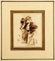 This is an ink sketch of a man in a coat and hat walking towards the left. There is an obscured figure to the man’s right.
