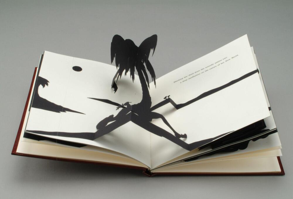 This pop-up book has laser-cut black silhouettes on white paper. Text contrasts with background; white text on black pages, black text on white pages. There is a ship embossed on the cover of the book.