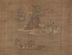 The seven gods of fortune, some are siting in a book and others are sitting on an island with a tree on a pile of rocks. There is a sun in the background.