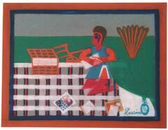 This drawing shows a woman sitting on a white, red, and blue checked blanket on green grass. She wears a blue shirt and red pants. Next to her on the blanket sit a basket and other small rectangular forms. A brown and green bush is behind her in the upper right portion of the scene. The drawing includes a blue border, outlined by a red-orange border. The figured is labeled (l.c.) "Lorraine" in blue.