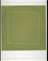 This print depicts a solid green square, the outline of which circumscribes a green circle which in turn circuscribes a white square. The bottom left vertical and horizontal sides of the square do not meet, but overlap slightly.  