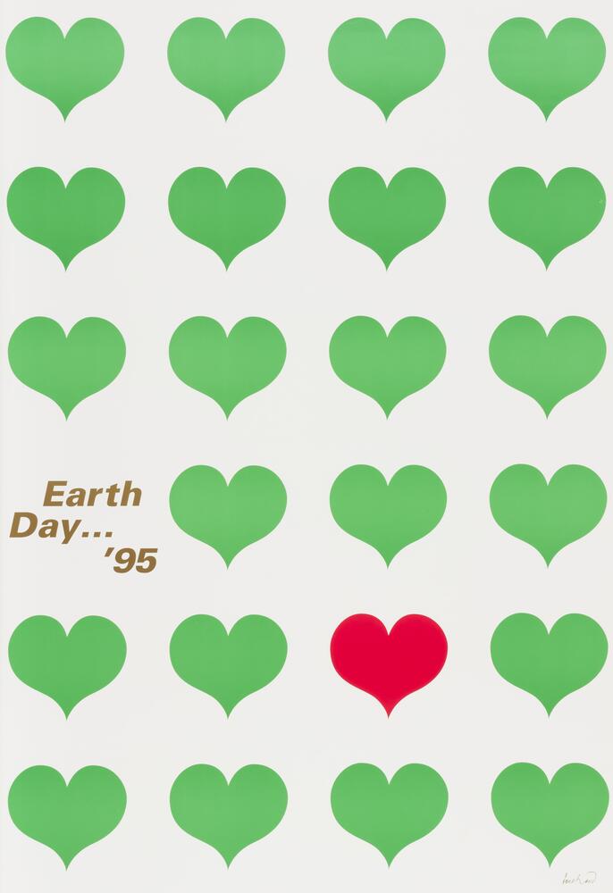 A poster for &#39;Earth Day...&#39;95&#39;, which depicts five rows of four hearts, all green except a red heart in the second row from the bottom.