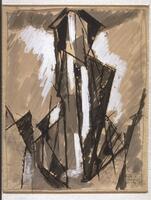 Ink and gouache drawing in black, gray and white on tan paper with tall vertical structure at center of composition rendered in a series of quick vertical and diagonal lines.