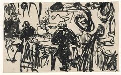 Artist's sketch from life; Kirchner developed a rapid, stroke-oriented (as opposed to detail-oriented) sketch style when out in the world. Appears to be (though not with certainty) two men conversing on the left, a man accompanied by a woman in a very tall hatt in the center/center-right, and a figure in the far right bottom corner foreground leaning toward a surface (a piano? cleaning a table?). Background and tables are suggested with various lines, but unclear.