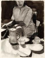 In this print we see a woman in a chair sitting at table. The table is in the foreground and the woman sits behind it. She is wearing a light colored dress and has shoulder length hair and the print is truncated above her eyes so we do not see the top of her head. Four saucers, two mugs, a knife, and coffee pot sit atop table. Drawing is on medium thick, smooth white wove paper.  There are very visible brush strokes across the drawing.