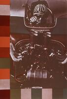 This photolithograph is in five colors: burgundy, red-brown, dark-orange, dark-olive, and grey. It shows a photograph of a race car driver in his car with the exhaust pipes at the center of the frame. On the left and below the image, there are a series of irregular squares in the afforementioned colors; they are in random order. 