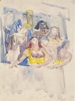 At least eight women crowd onto what appears to be a balcony. Most of the women are at least partially nude, and several wear headdresses and necklaces reminiscent of various types of ancient Eastern costume, including Assyrian and Egyptian. These accessories and several garments are rendered in bright yellow watercolor which constrasts with the blue tones that otherwise dominate the scene. Underneath the women, faint traces of pencil indicate a crowd beneath the balcony.