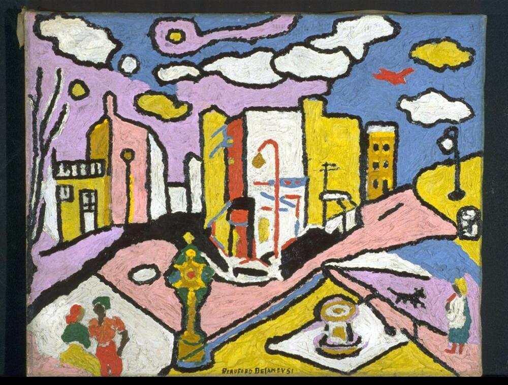 This is a brightly colored oil painting of a street scene. Buildings are depicted in pink, yellow, and white.  A lavender and blue sky with white and yellow clouds makes up the background. Two women stand in the lower left corner; another woman and a black dog are seen on the right side. The ground is made up of patches of white, yellow, pink, and blue.  Thick black outlines are used throughout and the paint has been applied in a very thick and factured manner. Traces of newspaper appear to have been laid on the painting while it was still wet and became stuck and are visible in the clouds at the top and in the white portion of the central building, just under the street lamp.