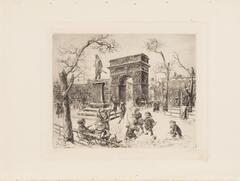 A drawing of a winter scene in an urban park. Women are talking and children are playing and creating a snowman. A large sculpture of a man and an archway are in the background.