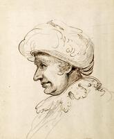 This sketch depicts a man in profile, facing toward his right. He wears a turban and an elaborate collar. On the verso is pasted a small print of James Barry's painting "The Distribution of Premiums in the Society of Arts", originally part of a series "The Progress of Human Culture" painted between 1777 and 1784. The print is smaller and more simplified than the official print Barry made after his painting published in 1792, and probably came from a book. 