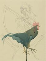 Green and pink chicken superimposed over a skeleton drawn in pencil holding a scythe