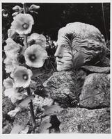 Photograph of a sculptural bust on top of a pile of rocks with a stem of flowers growing alongside.