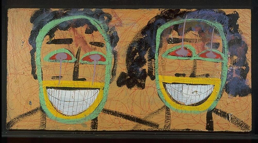 Two abstracted, bust-length figures, one male and one female, look directly at the viewer with large smiles. The background is tan, and filled with swirling lines and scribbles. The face and eyes of each figure are outlined in thick green, the mouths in thick yellow. The &ldquo;whites&rdquo; of the eyes are red, while the pupils are circles of pale purple. Purple paint drips down from the eyes of the male figure, while the paint on the female figure drips upward.