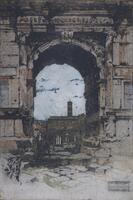 Etching depicting the Arch of Titus in Rome (Roma). The etching is colored, possibly after the image had already been printed. The perspective of the image is one from the ground level looking directly through the arch to the buildings on the other side.