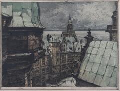 This etching shows a view of the interior court of Kronborg Castle, in the town of Helsingor, Denmark. The viewer looks out from an upper level viewpoint at the roofs and upper stories. The building is drawn with great detail, all the carvings in the stone are pronounced. In the small area of the street seen below is a group of figures. The sky above the buildings and sea is dark grey and cloudy, as is the water. In the far distance another hilly shoreline is visible.