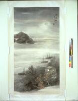 Dark, wet ink wash and light accents of color capture the lyrical mood of an autumnal moonlit night at Lake Tai and Mount Dongting. A round moon hangs low in the sky at top right, with a diffuse glow slightly brightening the clouds and sky below. Two islands sit in the water below, the larger (closer) of the two has four boats moored just offshore. Up close the boats appear as freely brushed lines, and yet at a distance, their forms come into focus. A building sits on the closer island, light shining in the windows. The silhouette of a pagoda can be seen on the further island.