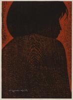 This woodcut has an image of a girl, from about mid-torso, looking over her shoulder from behind. She has short hair and faces off to the right of the page. On off-white paper, the print uses two color blocks: black graphic on red background. The print is signed (l.l.) "Kiyoshi Saitô" in white ink, and titled, numbered and dated in pencil (l.c.) "GIRL (D)  33/100  1967".