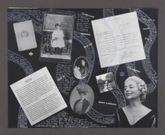 Photocollage featuring two handwritten letters and six black and white photo portraits. The background is black with handwritten text bordered by blue and white designs snaking across the entire surface. 