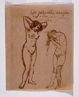 In the center of the paper there are two nude women standing side by side. The body of the figure on the left is more visible because her arms are above her head revealing her breasts and torso, while the figure on the right is hunched over working on her hair. There is text inscribed in ink at the top right that says "las pobrecito arreglar las visos para ganare la vida."