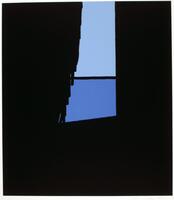 This print is almost entirely solid black. At the top center, there are two planes of color, shades of blue, separated by a thick black line. This creates an image resembling an opened curtain, looking out a window from a dark room. The print is signed and editioned in pencil (l.r.) "Patrick Caulfield AP".