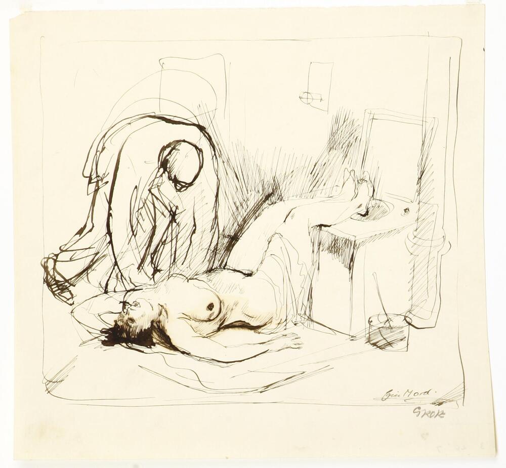 Pen and ink drawing of nude woman, presumably dead or in the act of dying, stretched between floor and chair, with a man bending over her head and torso. In interior domestic space.