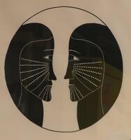 Two female silhouettes in black face each other inside a circle.