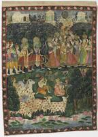 Painting on cloth in an array of colors that depicts a religious scene.  There are assorted animals such as monkeys and cows with red hand prints on them.  <br />There is a river at the fore of the painting with flowers and lily pads in it.  The painting has a colorful floral border.