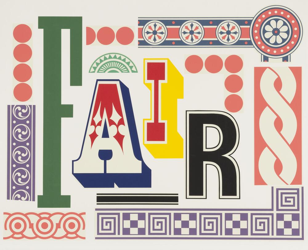 A colorful poster that spells out &#39;FAIR&#39; across its center, with an ornate border comprising various designs and patterns.