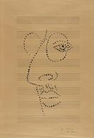 A series of ink dots, placed over six staffs of music notation, form a pair of spectacles, an eye, a nose, and lips.