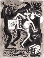 This ink drawing on paper has a black wash ground, with two figures drawn in opaque black ink. On the right, a comic figure, in only boxers and a pointed hat, dances. His right leg has been kicked through a television set that he holds with his right hand. Scissors fall from his left hand towards what looks like a two-slot toaster on the ground. A black, horned beast lurks in the background, holding a phone overhead that has two earpieces, attached together with no cradle.  In the background, a headstone-shaped form silhouettes the dancing figure.<br /><br />
The drawing is signed and dated in ink (l.l.) "KOSTABI 1984".