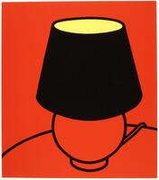 This print shows a bulbous lamp sitting on a table. Outlined in thick black lines, the lamp base, cord, and table are the same color as the background, a bright red. The lamp shade is solid black and the interior, visible in the ellipses at the top of the shade, is bright yellow. 