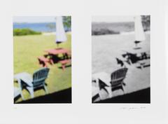 Two identical images side-by-side, the left is in color and the right is black-and-white. The images are of an adirondack chair and a picnic table with a collapsed umbrella on a lawn. Bushes, water, and a tree are visible in the background. 