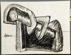 This drawing on paper shows an abstract sculptural object with a cyclindrical element through the middle of the structure. There is a single horizon line in the background on which the artist has signed and dated the drawing in black crayon (c.l.) "Lipton 71".