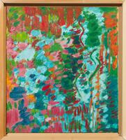 An abstract painting in hues of green, pink, red, blue, and orange. The work is a combination of short and abrupt brushstrokes and extended waving brushstrokes in hues of green and red.