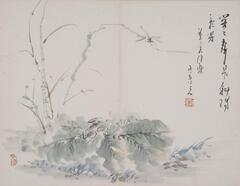 Painted in black, blue, brown, red, and brown pigments, the painting&nbsp;depicts a natural scene of a dragonfly and lotus leaves. The lotus leaves are towards the bottom third of the page and reach up with branches toward the dragonfly located in the upper third slightly right from the center. To the right is a four-lined vertical inscription.&nbsp;