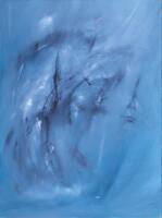 Large abstract painting in a vertical format, painted in tones of blue, purple and white. There are gestural purple brushstrokes against a blue background.