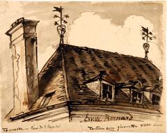 An ink drawing of a thatched roof and chimney.  There are four windows, three to the front of the house and one on the side next to the chimney.  At both ends of the roof are two wheathervanes, identified as being from the 17th century.