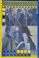 This is a photolithograph in blue and yellow with a series of photographic images and geometric patterning. At the top, there is a band of polka-dots in three sizes. The next band has five squares on the left and to the right three photographs; these three photographs are a sequential series of shots showing a woman in a shiny bikini and two men touching and looking at her. Below this register, there is one large scene of a girl and a banana, with a Chiquita sticker placed on the child's forehead. The main image here is in blue but the child's eyes and the sticker are in yellow. At the bottom of the print, there is a double row of squares on the left and then two sets of polka-dots on the right.